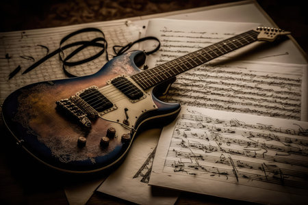 electric guitar, surrounded by sheet music and a pen for writing new songs, created with generative aiの素材