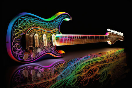 electric guitar, with its strings and fretboard illuminated by colorful led lights, created with generative aiの素材