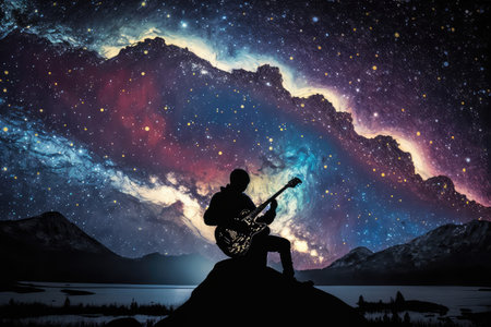 person, playing electric guitar in starry night sky, created with generative aiの素材