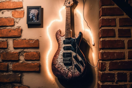 electric guitar, mounted on wall, with light shining down on it, created with generative aiの素材
