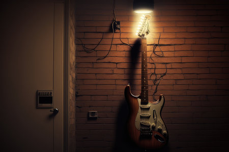 electric guitar, mounted on wall, with light shining down on it, created with generative aiの素材