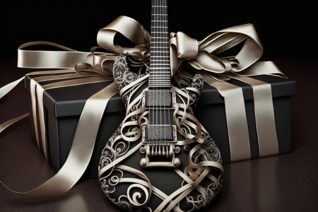 electric guitar, wrapped in ribbon and bow, as a gift, created with generative aiの素材