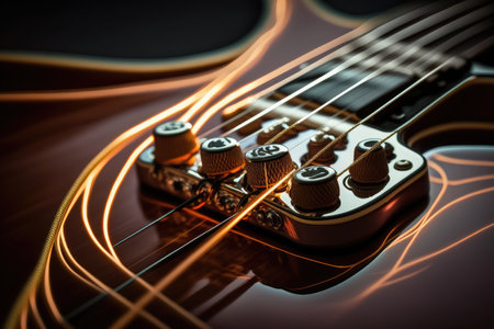 close-up of electric guitar strings, with dramatic light and shadow, created with generative aiの素材