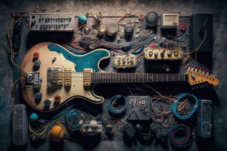 electric guitar surrounded by collection of pedals and effects units, created with generative aiの素材