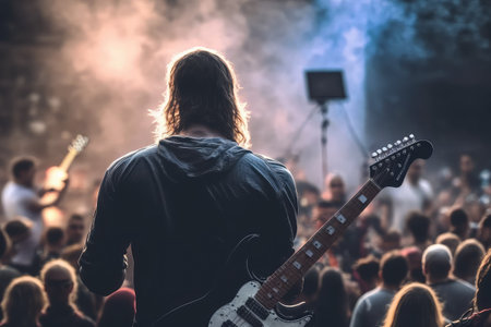 person, playing electric guitar and performing in music festival crowd, created with generative aiの素材