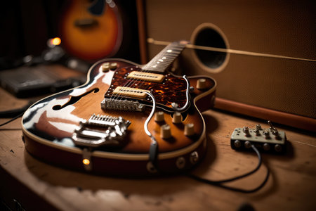 vintage electric guitar, with its warm and punchy tone, being played in intimate recording studio, created with generative aiの素材