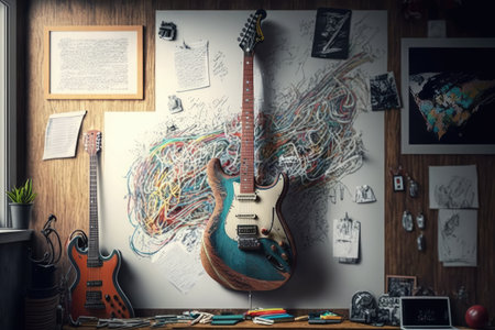 electric guitar, hanging on the wall and surrounded by photos, drawings and other personal effects, created with generative aiの素材