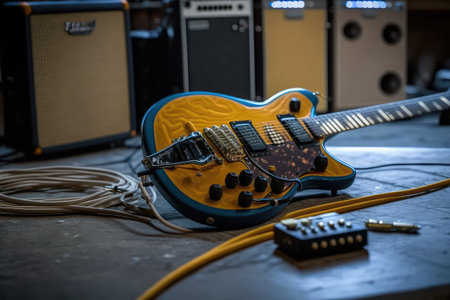 electric guitar resting on stand, with cables and effects pedals in the background, created with generative aiの素材