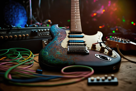 electric guitar resting on stand, with cables and effects pedals in the background, created with generative aiの素材
