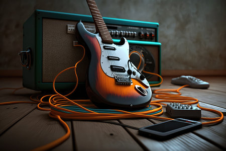 electric guitar resting on stand, with cables and effects pedals in the background, created with generative aiの素材