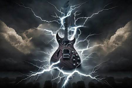 electric guitar, surrounded by flash of lightning, in stormy sky, created with generative aiの素材