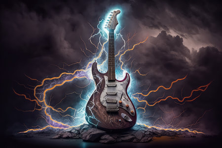 electric guitar, surrounded by flash of lightning, in stormy sky, created with generative aiの素材