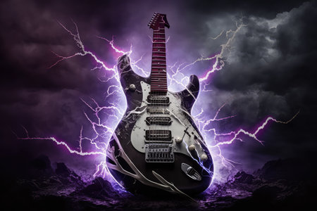 electric guitar, surrounded by flash of lightning, in stormy sky, created with generative aiの素材