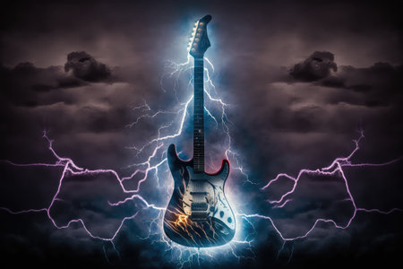 electric guitar, surrounded by flash of lightning, in stormy sky, created with generative aiの素材