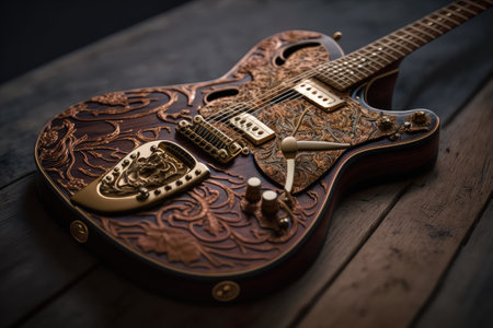vintage electric guitar, with its intricate detailing and smooth finish on display, created with generative aiの素材