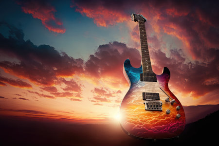 electric guitar, with the sun setting in the background, against a sky filled with clouds, created with generative aiの素材