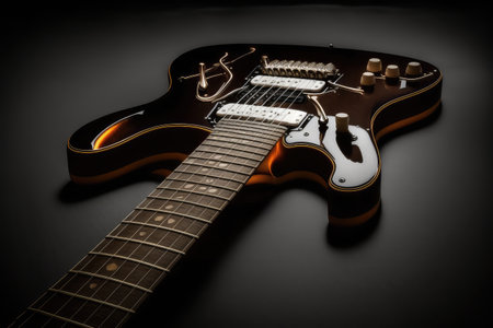 electric guitar lying on black background, ready to be picked up and played, created with generative aiの素材