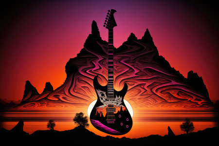 electric guitar, backed by fiery sunset sky and the silhouette of mountains, created with generative aiの素材