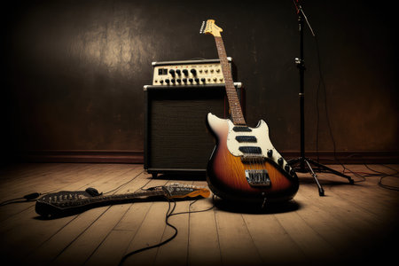 electric guitar on stand, with pedals and effects nearby, created with generative aiの素材