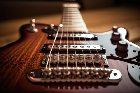 close-up of electric guitar, with strings and fretboard in focus, created with generative aiの素材