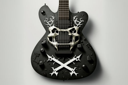 black electric guitar with skull and crossbones inlays against a white background, created with generative aiの素材