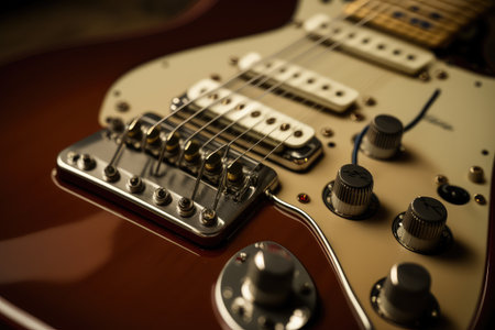 close-up of classic fender electric guitar, with its strings and pickups visible, created with generative aiの素材