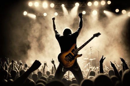 person, playing electric guitar on stage, in front of cheering crowd, created with generative aiの素材