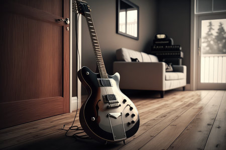 electric guitar, sitting on wooden floor, in modern room, created with generative aiの素材
