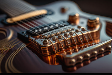 close-up of electric guitar, with metal strings and wood in focus, created with generative aiの素材