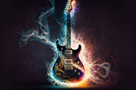 electric guitar, with its strings and body in motion, being played by skilled musician, created with generative aiの素材