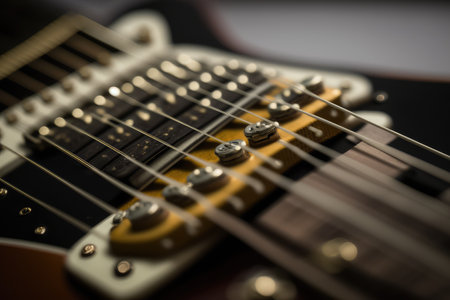 close-up of electric guitar, with the strings and frets in focus, created with generative aiの素材