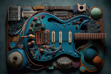 electric guitar, surrounded by collection of pedals and effects units, created with generative aiの素材