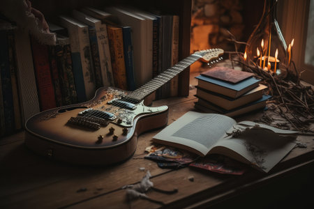 electric guitar, lying on a wooden table, surrounded by books and candles, created with generative aiの素材