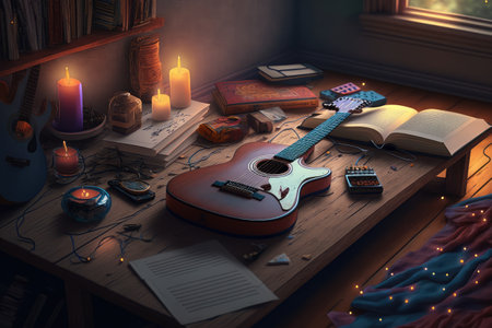 electric guitar, lying on a wooden table, surrounded by books and candles, created with generative aiの素材