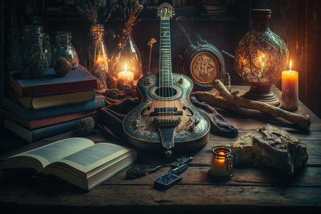 electric guitar, lying on a wooden table, surrounded by books and candles, created with generative aiの素材