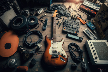 electric guitar, surrounded by equipment and gear necessary to create amazing music, created with generative aiの素材