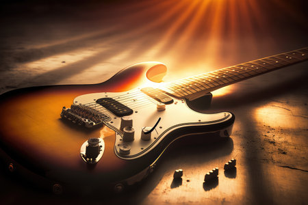 electric guitar, surrounded by sunbeams and warm atmosphere, creating serene and peaceful feeling, created with generative aiの素材