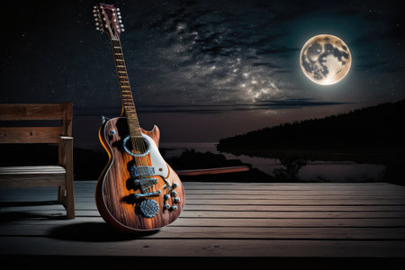electric guitar, resting on wooden table, with view of the moon visible in the night sky, created with generative aiの素材