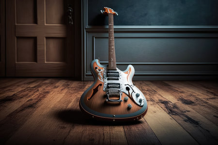 electric guitar lying on wooden table, ready to be played, created with generative aiの素材
