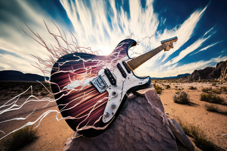 electric guitar, with its strings being played by the wind, in scenic nature shot, created with generative aiの素材