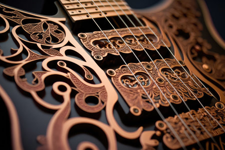 close-up of electric guitars intricate fretwork and strings, created with generative aiの素材