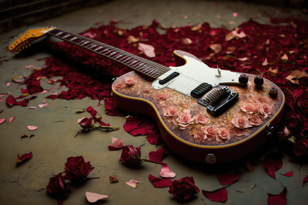 electric guitar, lying on bed of rose petals and twigs, created with generative aiの素材
