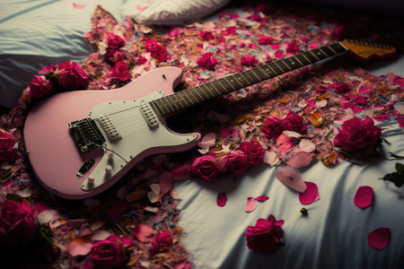 electric guitar, lying on bed of rose petals and twigs, created with generative aiの素材