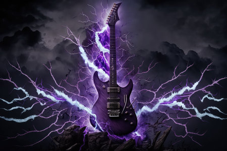 electric guitar, with lightning strikes in the background, creating powerful and dramatic visual, created with generative aiの素材