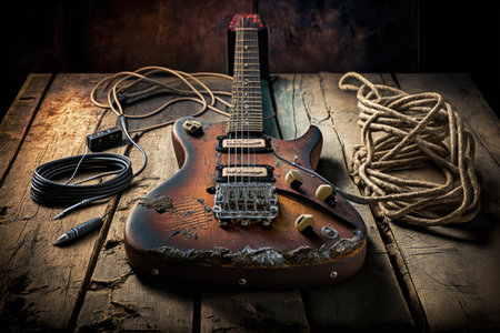 electric guitar, sitting on a wooden table, with its strings and pickups visible, created with generative aiの素材
