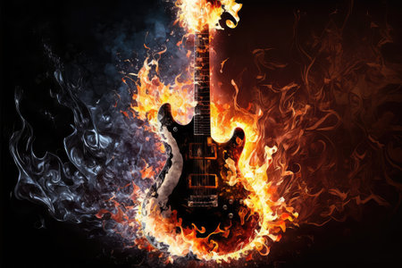 electric guitar, surrounded by burning flames, in dramatic scene, created with generative aiの素材