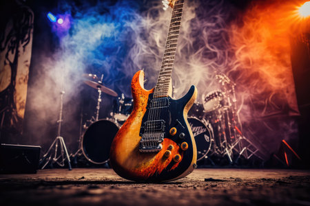 electric guitar on stage, ready for performance, created with generative aiの素材