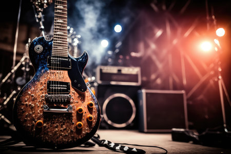 electric guitar on stage, ready for performance, created with generative aiの素材