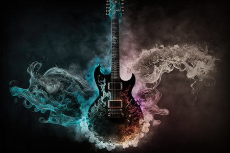 electric guitar being played in a dark and mysterious setting, with smoke and lighting effects, created with generative aiの素材