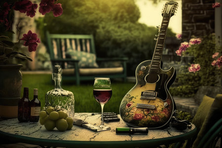 peaceful garden, with electric guitar and glass of wine in the foreground, created with generative aiの素材